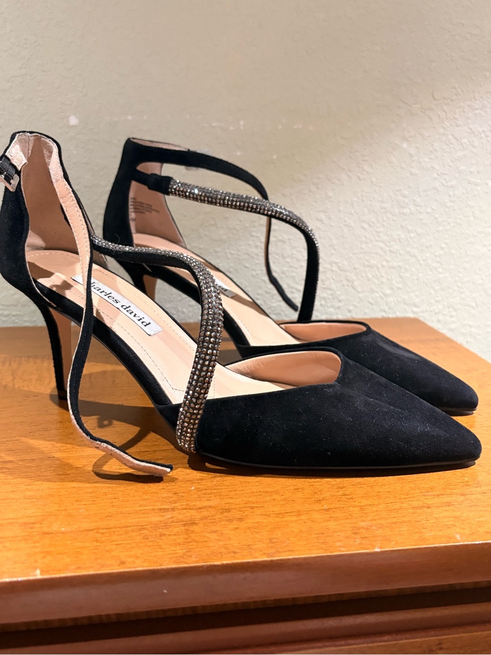 Charles David Black Suede Pointed Toe Crystal-Strap Heels